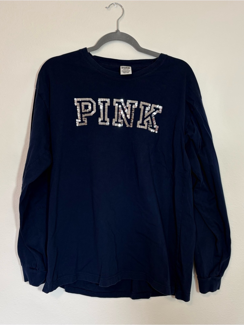 PINK Victoria's Secret Navy Long Sleeve Tee with Sequin Logo